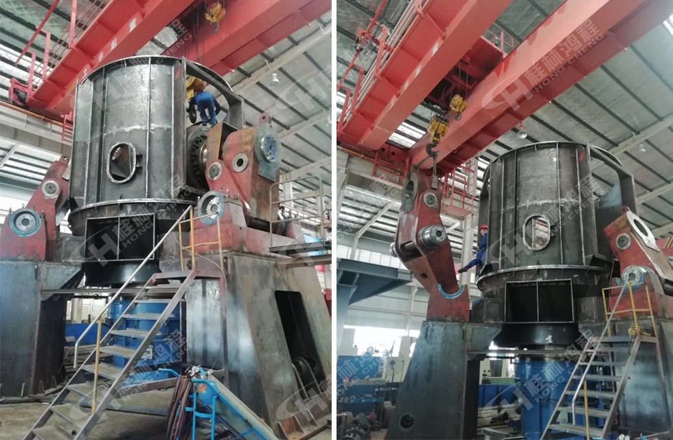 桂林鴻程立式磨粉機技術工人在生產車間組裝立磨測試