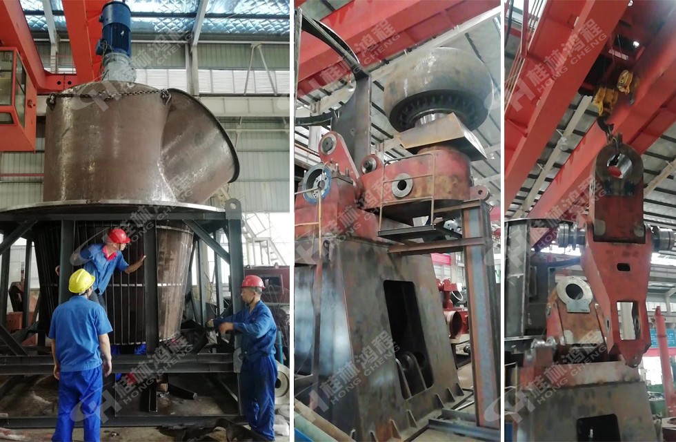 桂林鴻程立式磨粉機技術工人在生產車間組裝立磨磨輥與選粉機